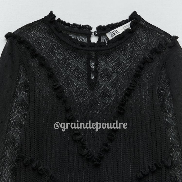 Rare! Zara Limited Edition Black Sheer Pointelle Knit Ruffle Sweater S - Picture 6 of 9